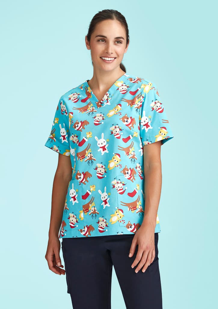 Womens Christmas Short Sleeve V-neck Scrub (Cotton)