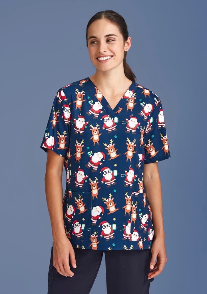 Womens Christmas Short Sleeve V-neck Scrub (Poly Stretch)