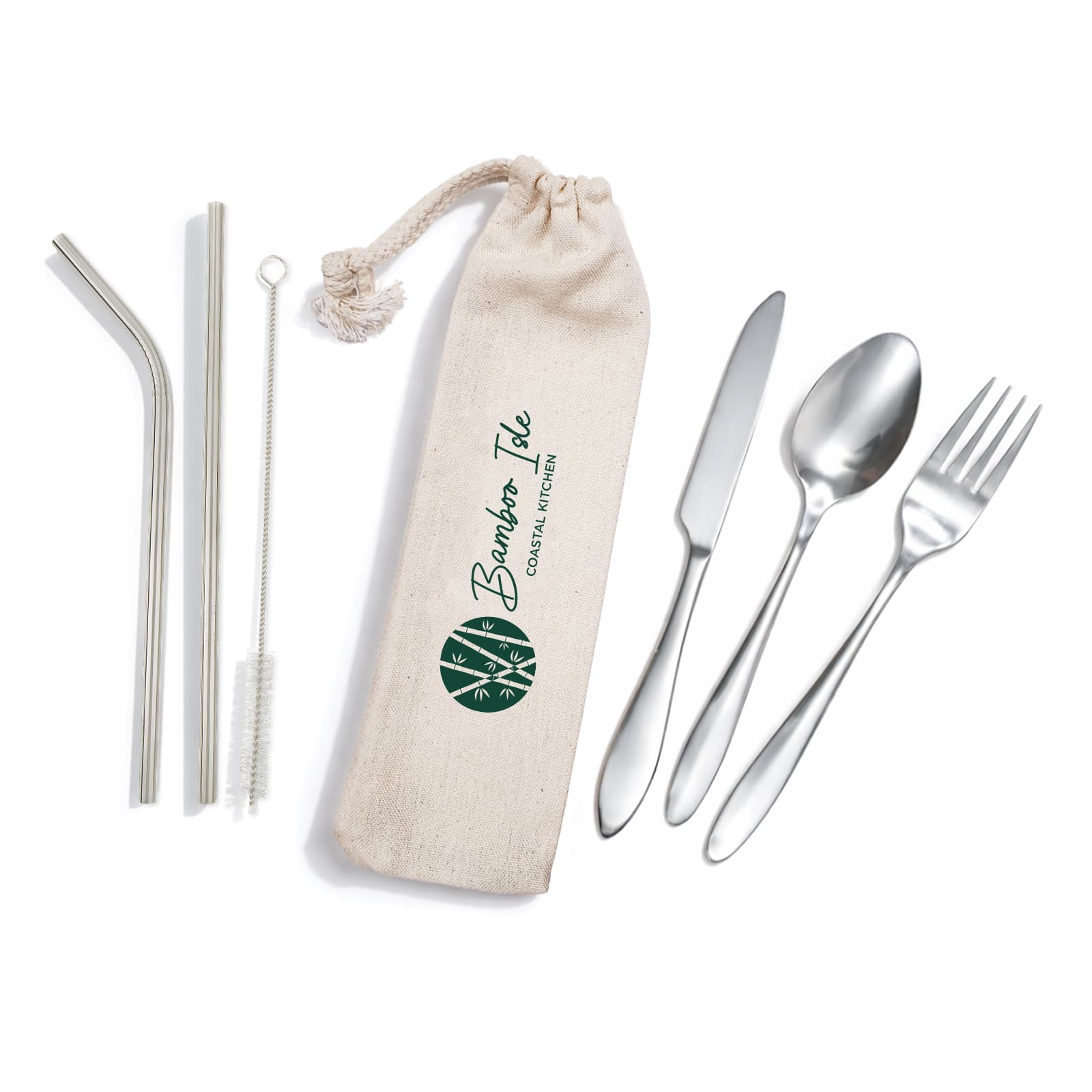 Banquet Stainless Steel Cutlery & Straw Set in Calico Pouch