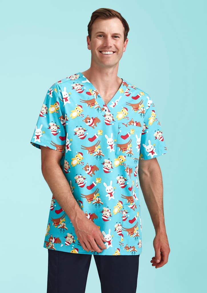 Mens Christmas Short Sleeve V-neck Scrub
