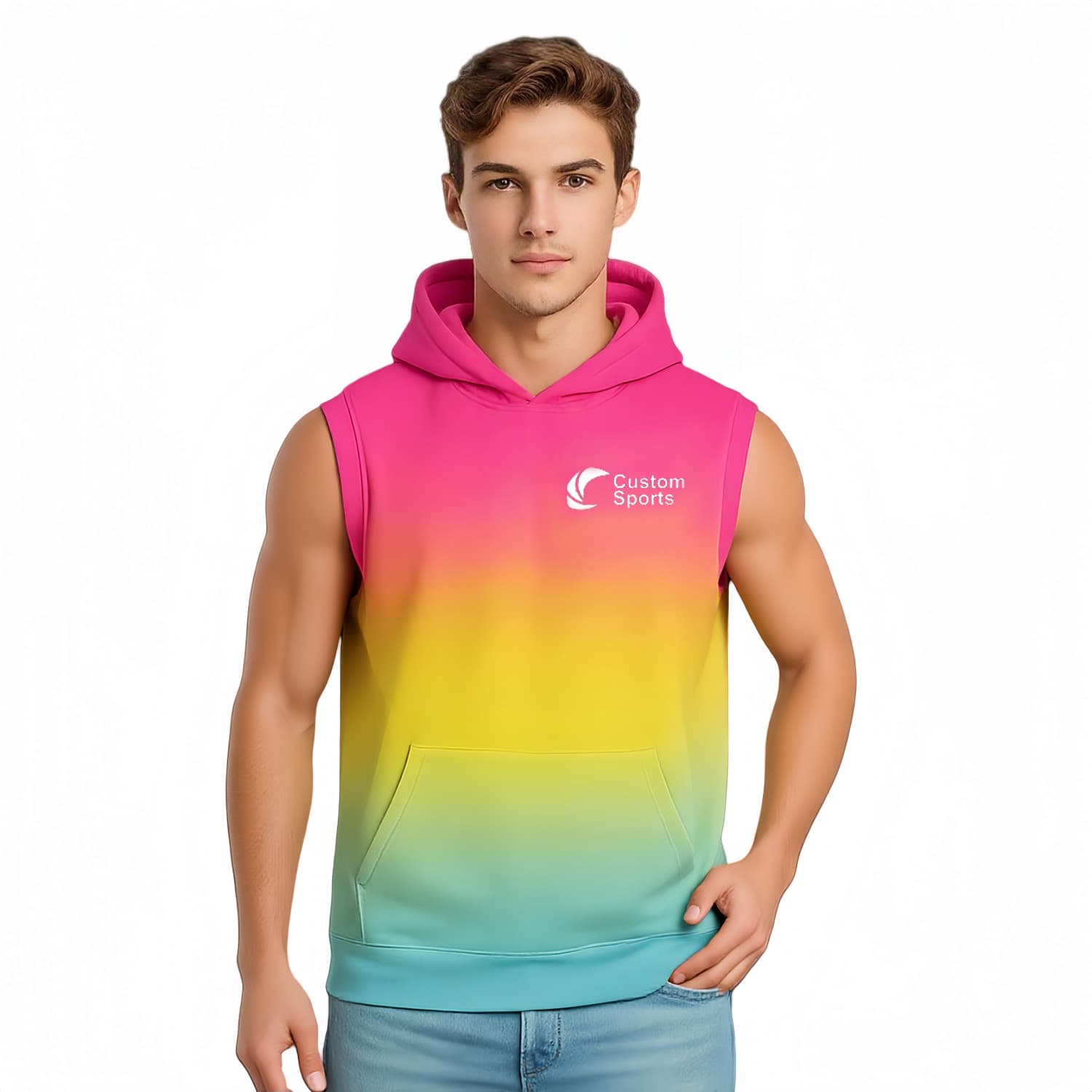 100% Polyester Micro Mesh Sublimated Sleeveless Hoodie With Pocket