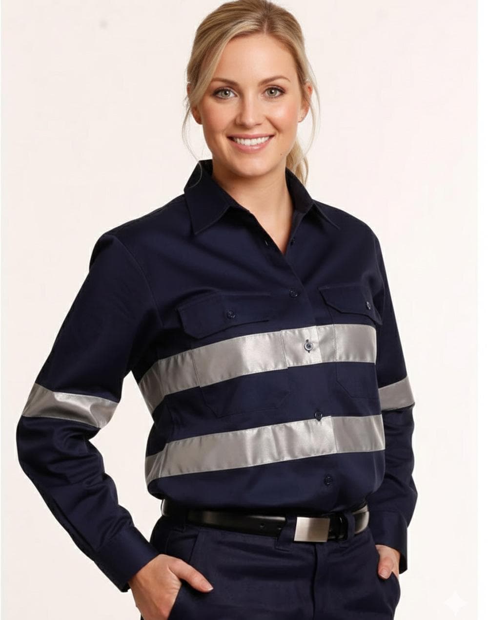 Ladies HiVis Cotton Drill Long Sleeves Work Shirt with 3M Reflective Taps